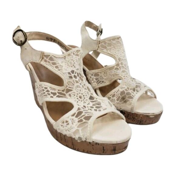 American Eagle Women's Size 6 Sandal Lace Strap Peep Toe Wedge Cork Bottom Shoe - Picture 1 of 13
